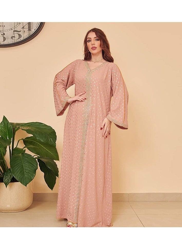 Fashionable New Pink Gold Stamped Muslim Dubai abaya Jalabiya