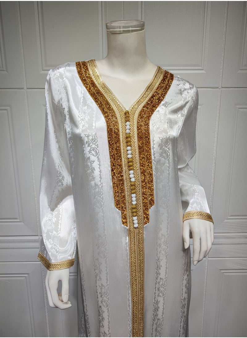 New Fashion Women's Beaded Lace Long Robe Muslim White Satin Jacquard Dress