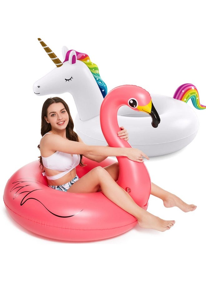 E Unicorn Flamingo Pool Floats - Jasonwell 2 Pack Pool Floaties Inflatables Rafts For Swimming Pool Tubes For Floating Lake Beach Floaty Swim Rings Pool Party Toys For Adults Kids