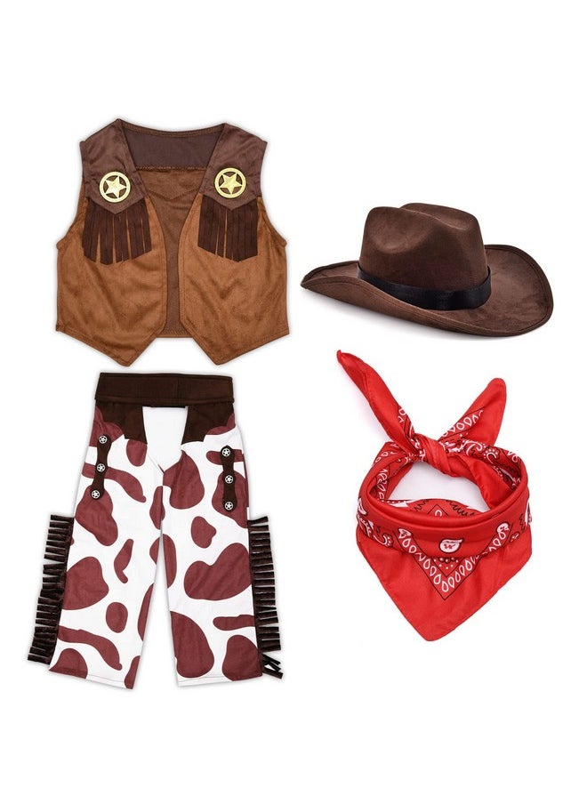 Kids Cowboy Costume Boys Halloween Dress Up Cosplay Set Birthday Party Role Play Western Pants Outfit Hat Accessories