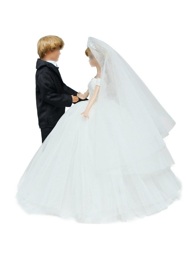 Wedding Set White Dress Bridal Veil And Groom Formal Suit Outfit For Boys Girl 11.5 In. Doll Clothes