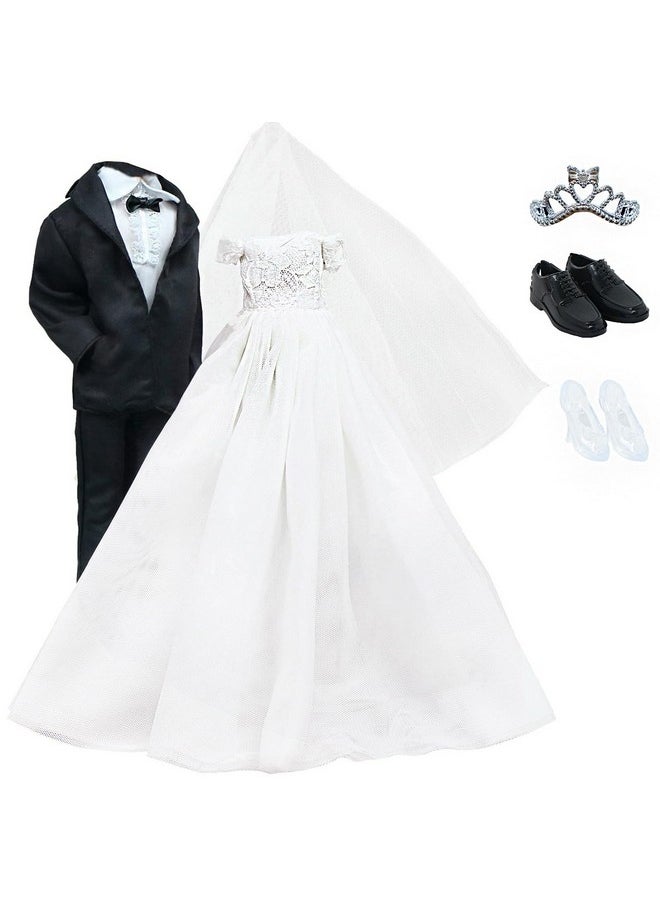Wedding Set White Dress Bridal Veil And Groom Formal Suit Outfit For Boys Girl 11.5 In. Doll Clothes