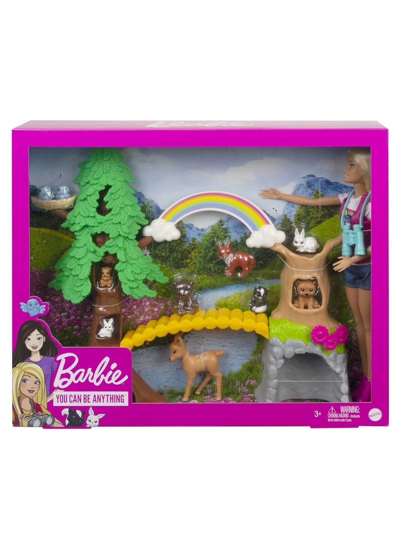 Barbie Wilderness Guide Doll and Playset, Blonde Fashion Doll with 10 Animal Figures