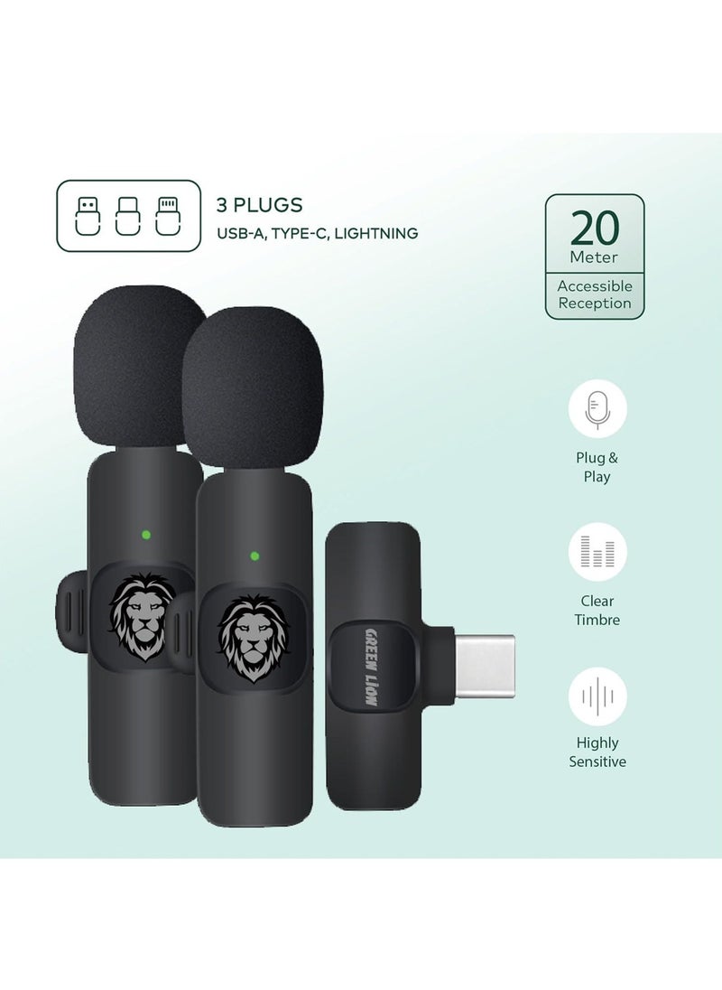 3 In 1 Wireless Microphone / 60mAh Battery Capacity / USB-A / Type-C / Lightning Plugs / 20m Accessible Reception / -42DB Sensitivity / Highly Sensitive / Digital Silicon Microphone / 64DBM Adaptive Noise Reduction / Clear Timbre / Plug & Play - Black