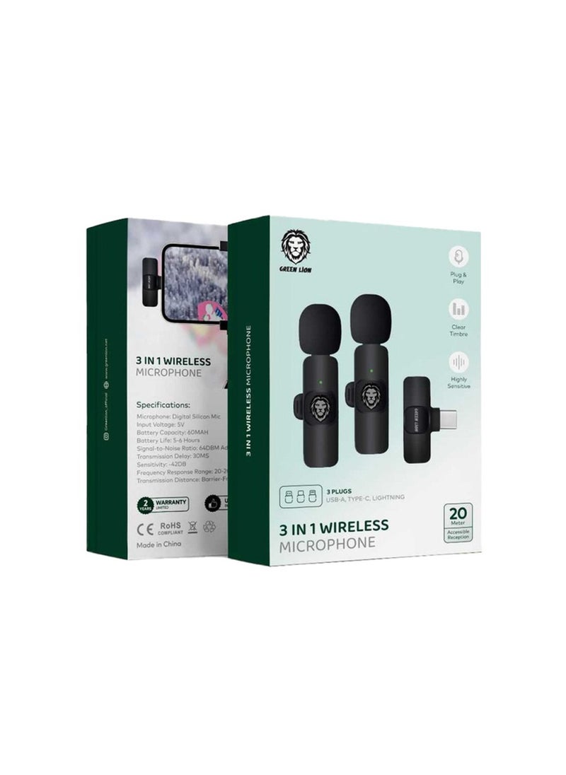 3 In 1 Wireless Microphone / 60mAh Battery Capacity / USB-A / Type-C / Lightning Plugs / 20m Accessible Reception / -42DB Sensitivity / Highly Sensitive / Digital Silicon Microphone / 64DBM Adaptive Noise Reduction / Clear Timbre / Plug & Play - Black