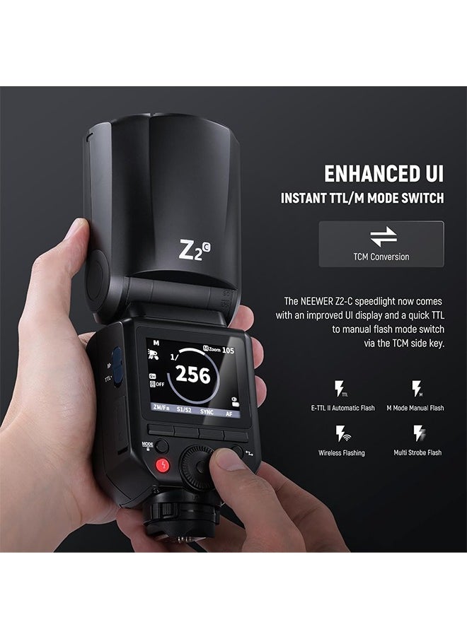 NEEWER Z2-C 2.4G TTL Round Head Flash Speedlite Compatible with Canon Cameras, 76Ws 1/8000s HSS with Diffuser, 2 Modeling Lamps, Upgraded UI, TTL/M Toggle Key, 3000mAh Battery, 600 Full Power Flash