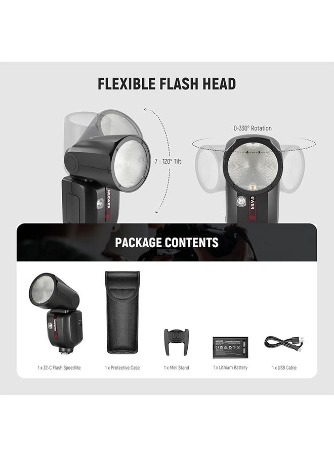 NEEWER Z2-C 2.4G TTL Round Head Flash Speedlite Compatible with Canon Cameras, 76Ws 1/8000s HSS with Diffuser, 2 Modeling Lamps, Upgraded UI, TTL/M Toggle Key, 3000mAh Battery, 600 Full Power Flash