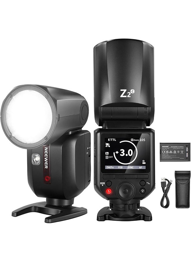 NEEWER Z2-C 2.4G TTL Round Head Flash Speedlite Compatible with Canon Cameras, 76Ws 1/8000s HSS with Diffuser, 2 Modeling Lamps, Upgraded UI, TTL/M Toggle Key, 3000mAh Battery, 600 Full Power Flash