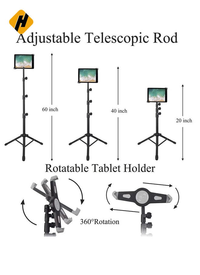 IPad and Mobile Phone Tripod Stand,Height Adjustable 20 to 60 Inch with 360 Degree Rotating Tablet Holder for iPad Air,iPad Pro and More 9.5 to 14.5 Inch Tablets,