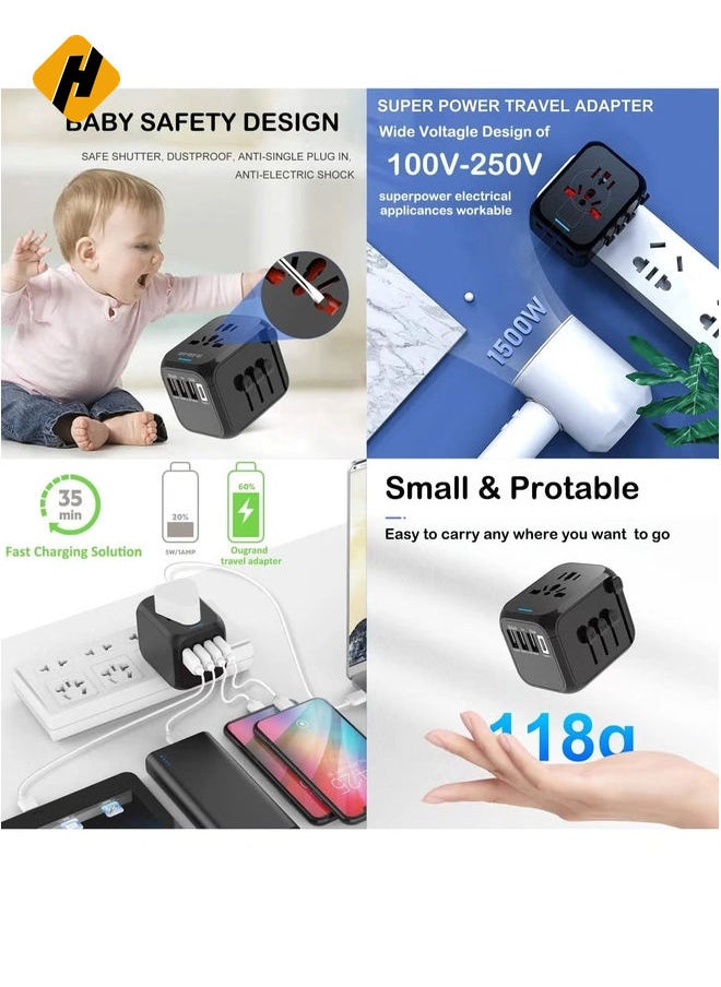 Universal Travel Adapter Plug with 3 USB & 1 Type-C Port,Fast Wall Plug Adapter Socket with UK/EU/AU/US Plugs,Multiport Charger Plug Converter