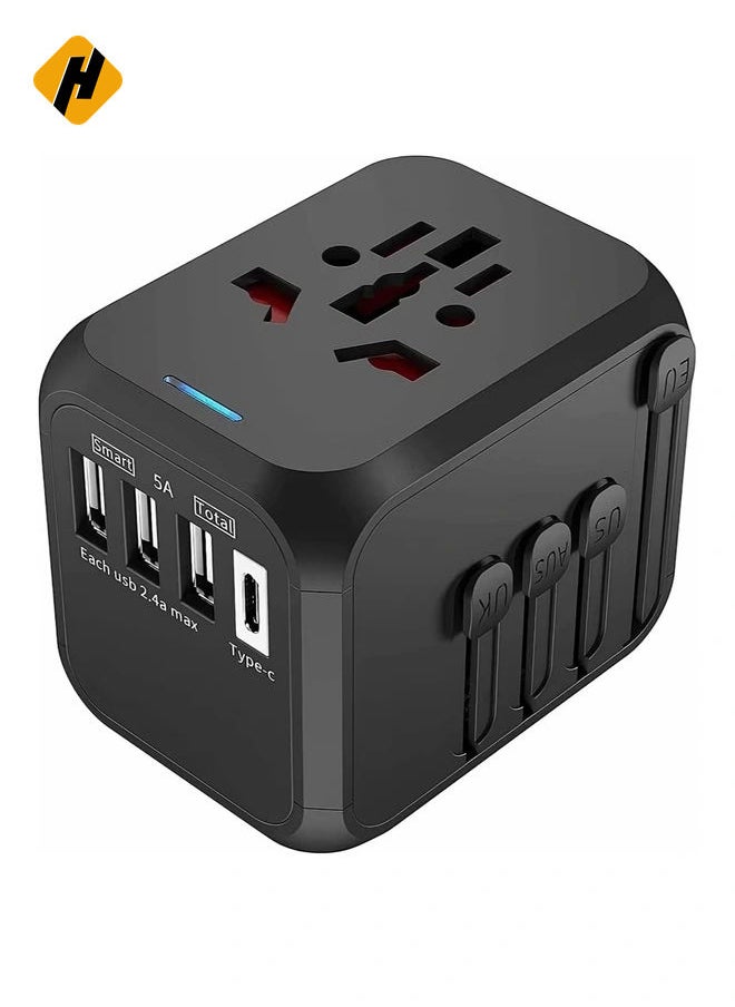 Universal Travel Adapter Plug with 3 USB & 1 Type-C Port,Fast Wall Plug Adapter Socket with UK/EU/AU/US Plugs,Multiport Charger Plug Converter