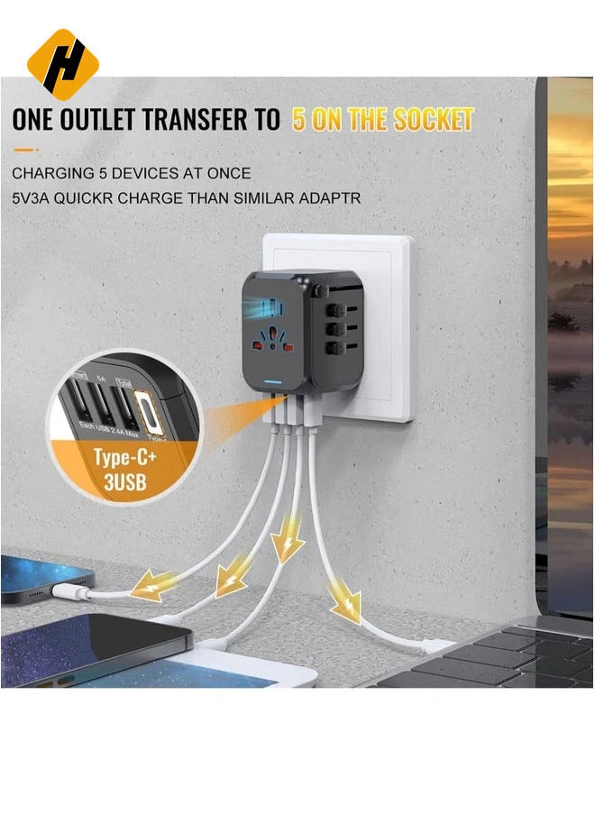 Universal Travel Adapter Plug with 3 USB & 1 Type-C Port,Fast Wall Plug Adapter Socket with UK/EU/AU/US Plugs,Multiport Charger Plug Converter