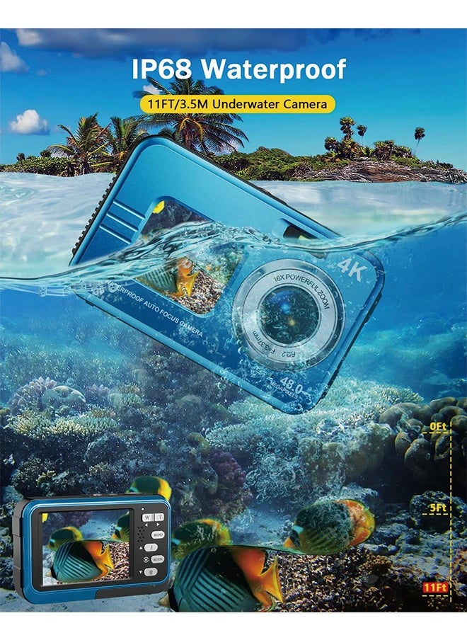 Underwater Camera, 4K Waterproof Camera with 64GB Card 48MP Autofocus Selfie Dual Screens 11FT Underwater Camera for Snorkeling Waterproof Compact Portable Digital Camera, 2 Batteries