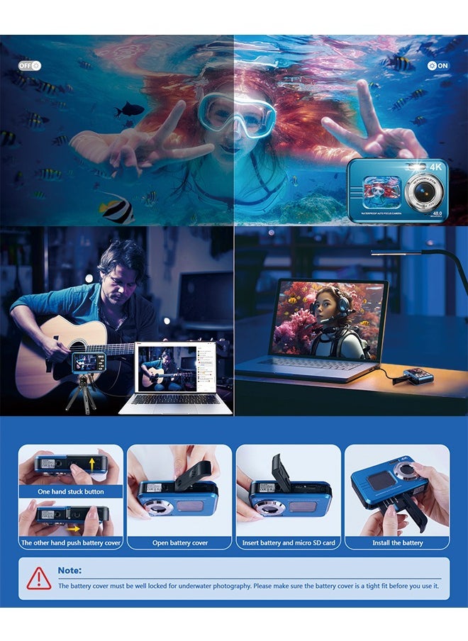 Underwater Camera, 4K Waterproof Camera with 64GB Card 48MP Autofocus Selfie Dual Screens 11FT Underwater Camera for Snorkeling Waterproof Compact Portable Digital Camera, 2 Batteries