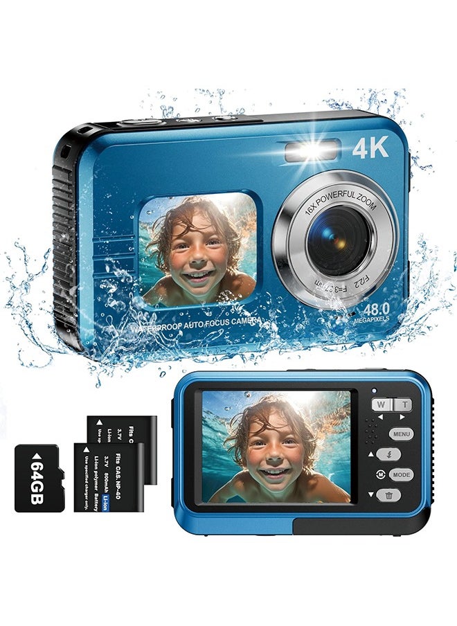 Underwater Camera, 4K Waterproof Camera with 64GB Card 48MP Autofocus Selfie Dual Screens 11FT Underwater Camera for Snorkeling Waterproof Compact Portable Digital Camera, 2 Batteries