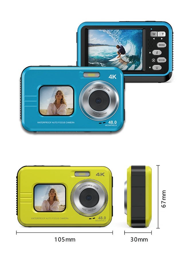 Underwater Camera, 4K Waterproof Camera with 64GB Card 48MP Autofocus Selfie Dual Screens 11FT Underwater Camera for Snorkeling Waterproof Compact Portable Digital Camera, 2 Batteries