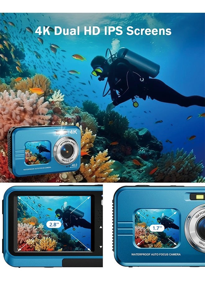 Underwater Camera, 4K Waterproof Camera with 64GB Card 48MP Autofocus Selfie Dual Screens 11FT Underwater Camera for Snorkeling Waterproof Compact Portable Digital Camera, 2 Batteries