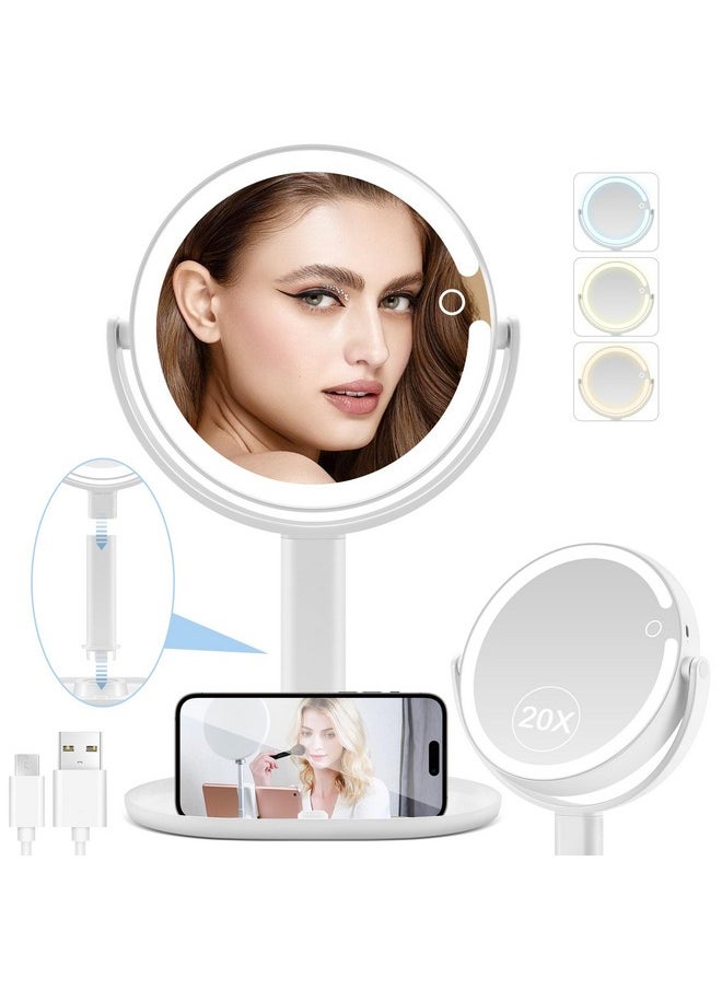 Lighted Makeup Mirror, 20X Magnifying Mirror With Light And Adjustable Brightness, Vanity Mirror With 3 Color Light, 2-Sided Mirror For Desk, Detachable Travel Makeup Mirror With Light 8.8 Inches