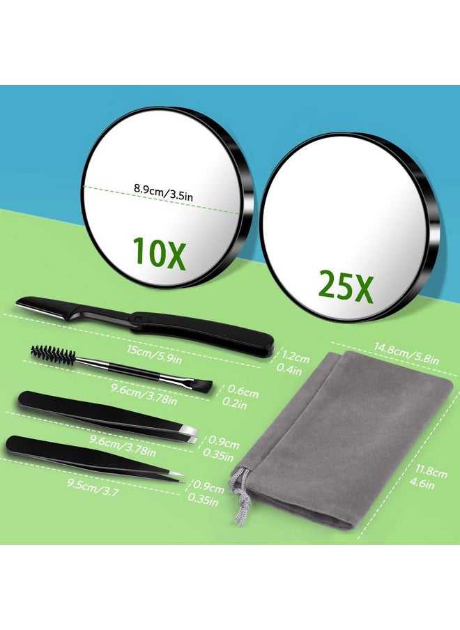 Magnifying Mirror Set, 3.5 Inch 10X & 25X Magnified Makeup Mirrors With Suction Cups, Tweezers And Eyebrow Razor, Daily Beauty Tools Compact Travel Set