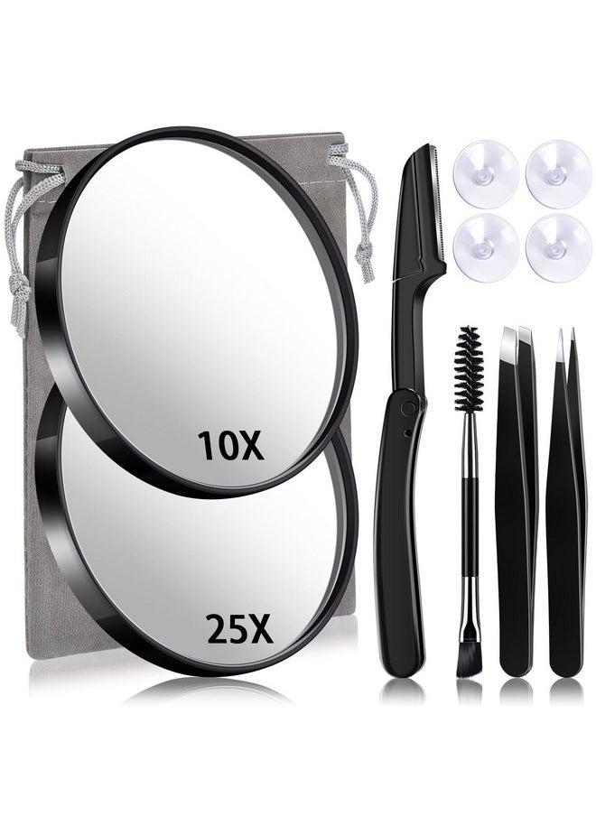 Magnifying Mirror Set, 3.5 Inch 10X & 25X Magnified Makeup Mirrors With Suction Cups, Tweezers And Eyebrow Razor, Daily Beauty Tools Compact Travel Set