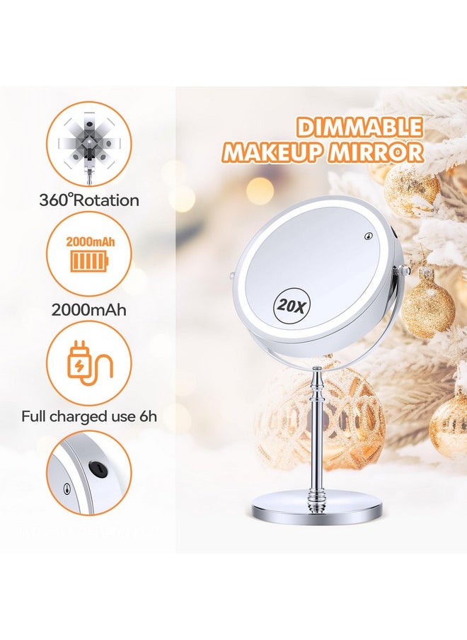 Lighted Makeup Mirror, 20X Magnifying Mirror With Light, Double Sided Makeup Mirror With 20X/1X Magnification, 360°Rotation, 3 Colors Brightness Adjustable Vanity Mirror With 42 Leds, 2000Mah