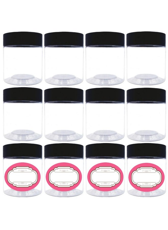 12 Pack 6 Oz Plastic Jars With Lids,Wide-Mouth Clear Storage Containers With Black Lids,Empty Round Clear Plastic Jars With Lids And Labels For Body Butter,Bath Salt,Slime And Beauty Products