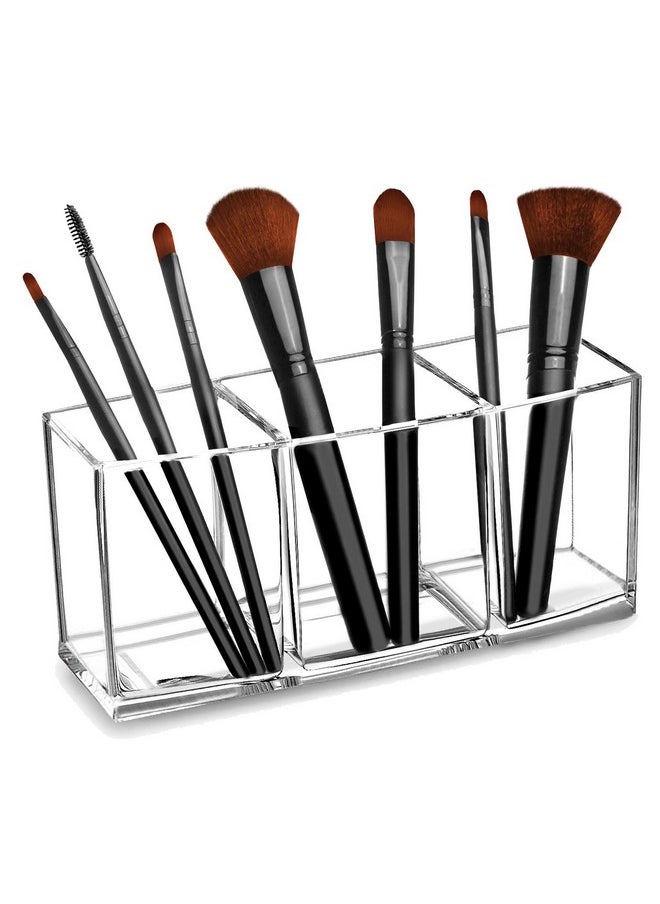 Clear Makeup Brush Organizer, Premium Acrylic Makeup Brush Holder Organizer 3 Compartments, Makeup Brush Display Holder Cosmetic Storage