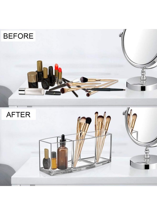 Clear Makeup Brush Organizer, Premium Acrylic Makeup Brush Holder Organizer 3 Compartments, Makeup Brush Display Holder Cosmetic Storage