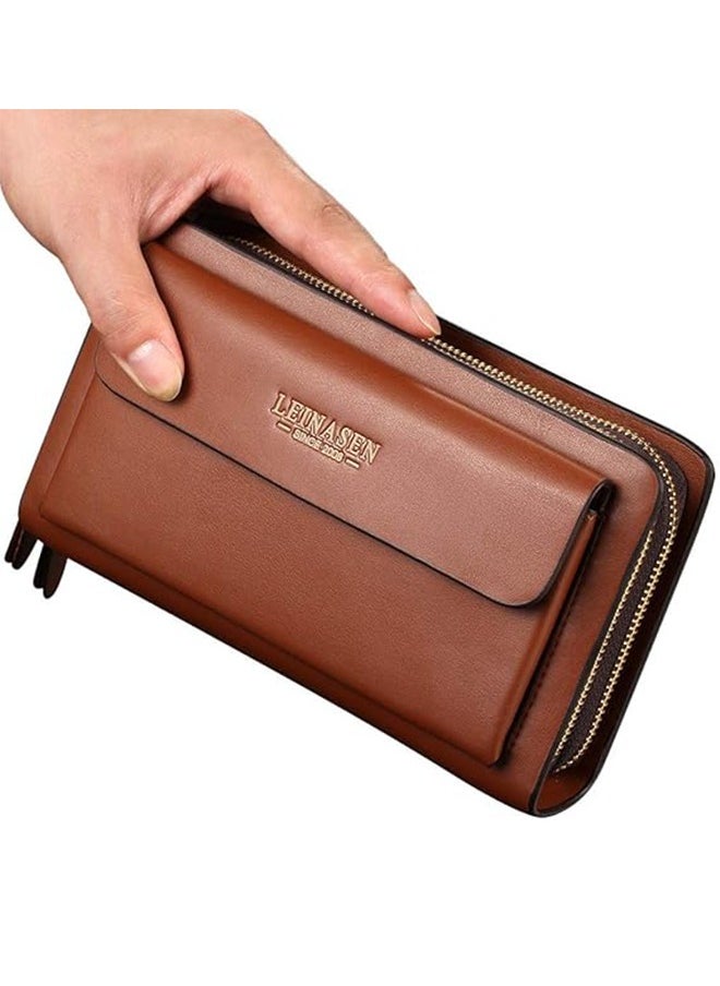 Men's Large Long Leather Clutch Travel Passport Business Phone Case Credit Card Holder Wallet Commuter Clutch Men's Business Clutch Men's Clutch Soft Leather Long Casual Zipper Wallet Clutch Bag