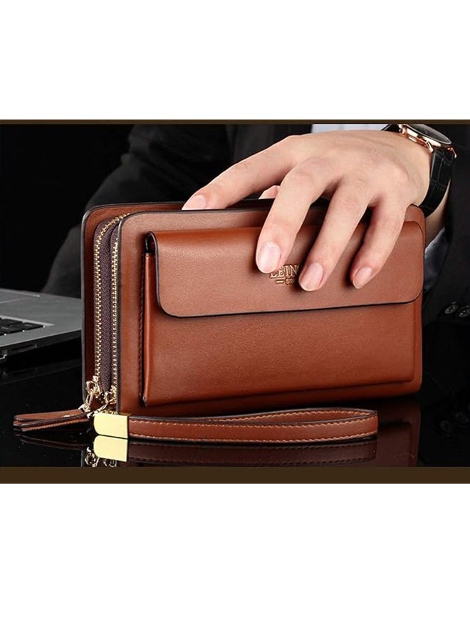 Men's Large Long Leather Clutch Travel Passport Business Phone Case Credit Card Holder Wallet Commuter Clutch Men's Business Clutch Men's Clutch Soft Leather Long Casual Zipper Wallet Clutch Bag