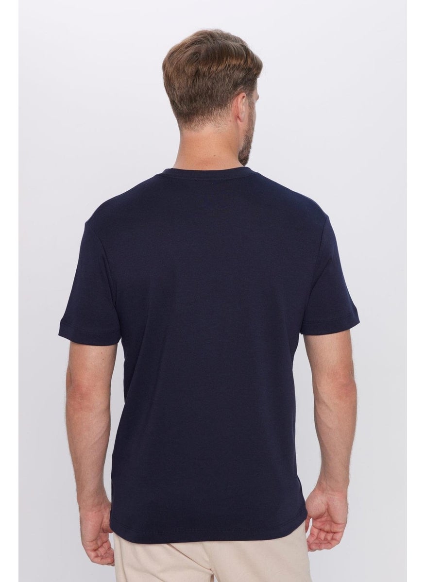 Men's Relax Fit Comfortable Cut 100% Organic Cotton Soft Texture Navy Blue Crew Neck T-Shirt