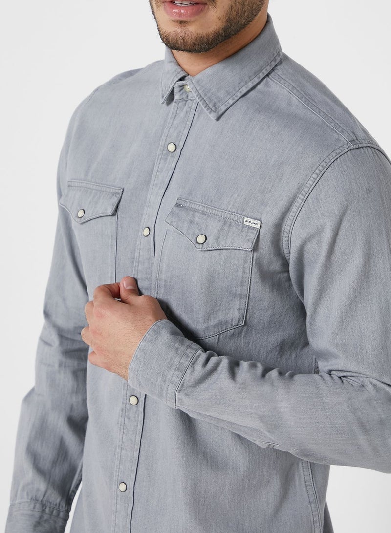 Solid Pattern Slim Fit Denim Shirt Grey