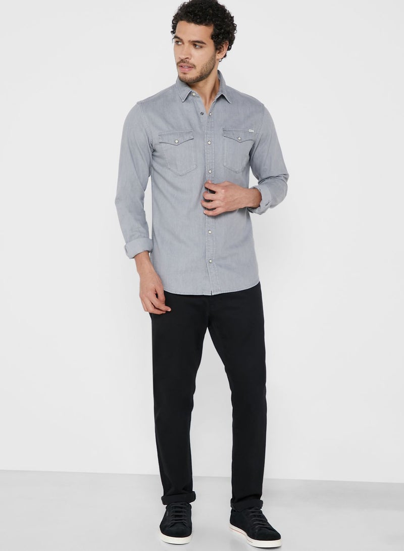 Solid Pattern Slim Fit Denim Shirt Grey