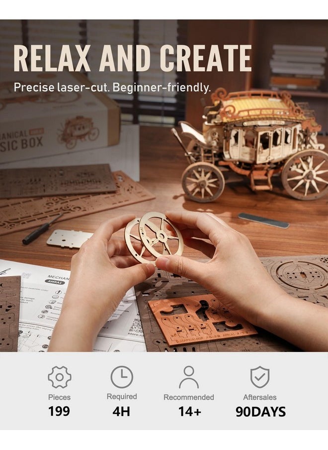 3D Wooden Puzzles For Adults-Stagecoach Music Box Kit-Diy Wood Model Kits For Adults-Toy Gifts For Ages 14 And Up