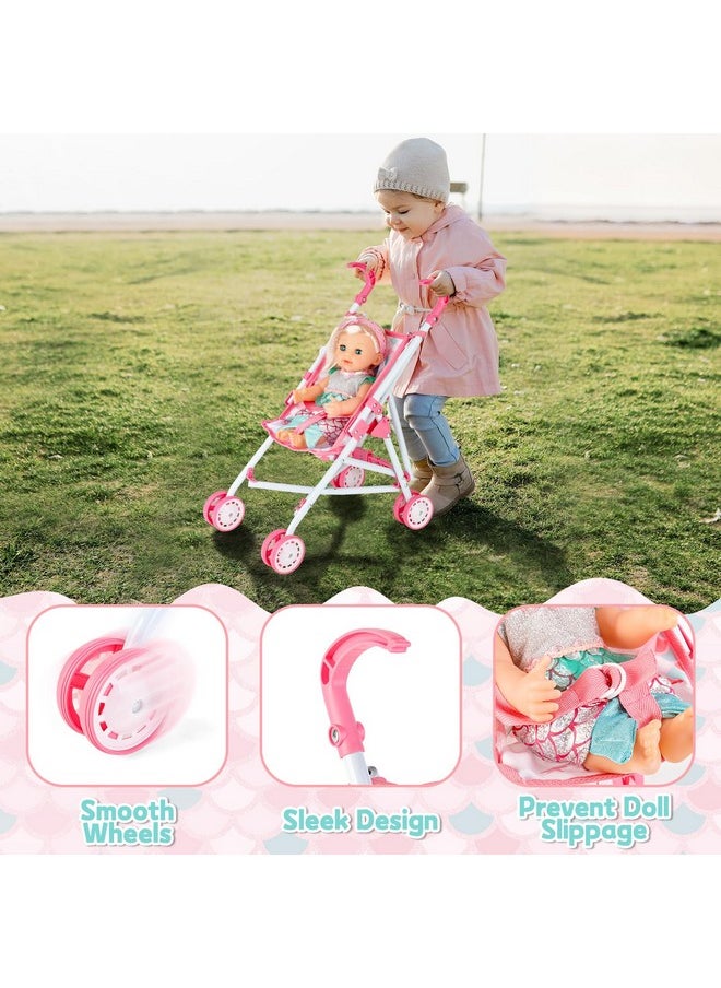 12 Inch Baby Doll Stroller Play Set,14 Pcs Baby Doll Accessories With Foldable Doll Stroller,Crib,Play Mat,Doll Clothes And Travel Bag,Pretend Play Baby Care Toy Gift For 3 4 5 Girls