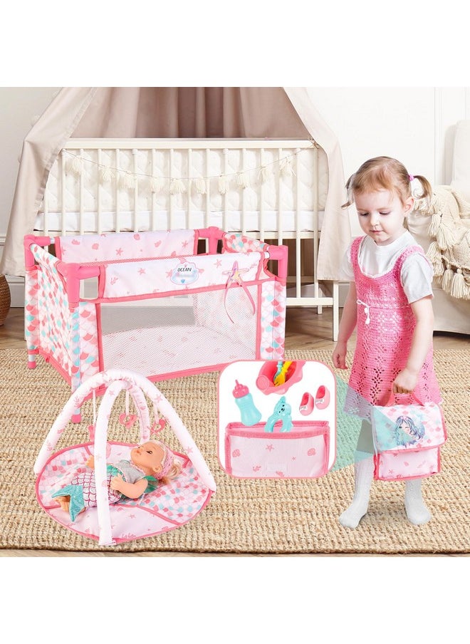 12 Inch Baby Doll Stroller Play Set,14 Pcs Baby Doll Accessories With Foldable Doll Stroller,Crib,Play Mat,Doll Clothes And Travel Bag,Pretend Play Baby Care Toy Gift For 3 4 5 Girls