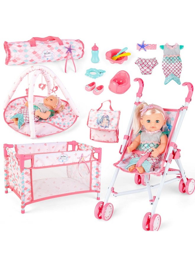 12 Inch Baby Doll Stroller Play Set,14 Pcs Baby Doll Accessories With Foldable Doll Stroller,Crib,Play Mat,Doll Clothes And Travel Bag,Pretend Play Baby Care Toy Gift For 3 4 5 Girls