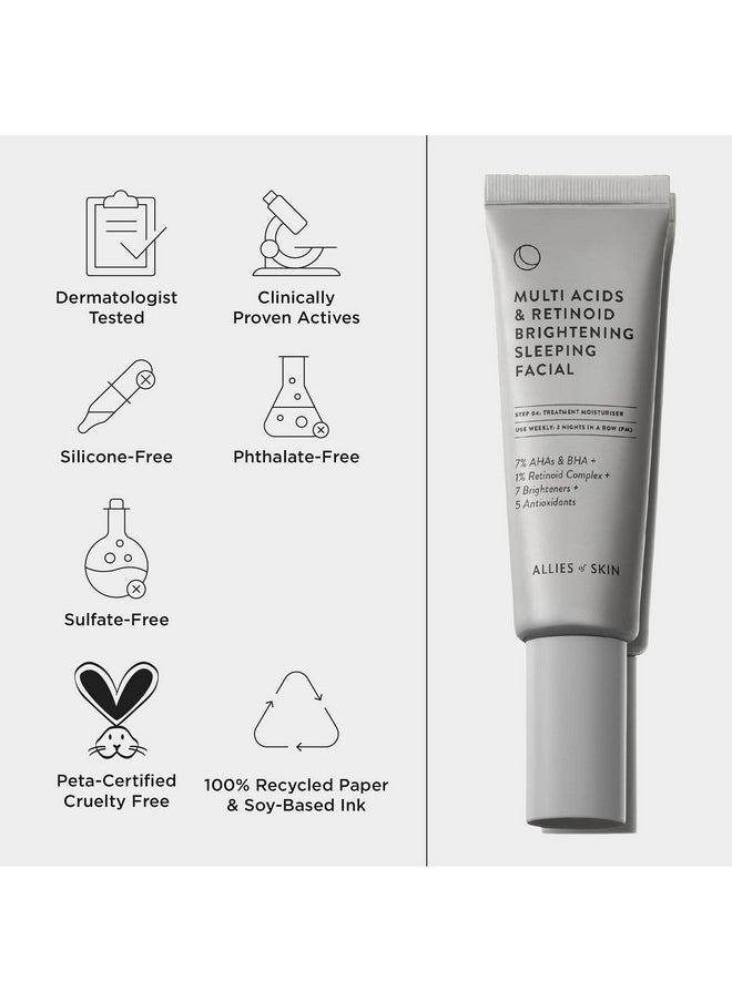 Multi Acids & Retinoid Brightening Sleeping Facial: Glycolic + Lactic + Salicylic Acid, Hyaluronic Acid, Niacinamide, 1% Retinoid Complex. Overnight Sleeping Peel. 1.7 Oz / 50 Ml