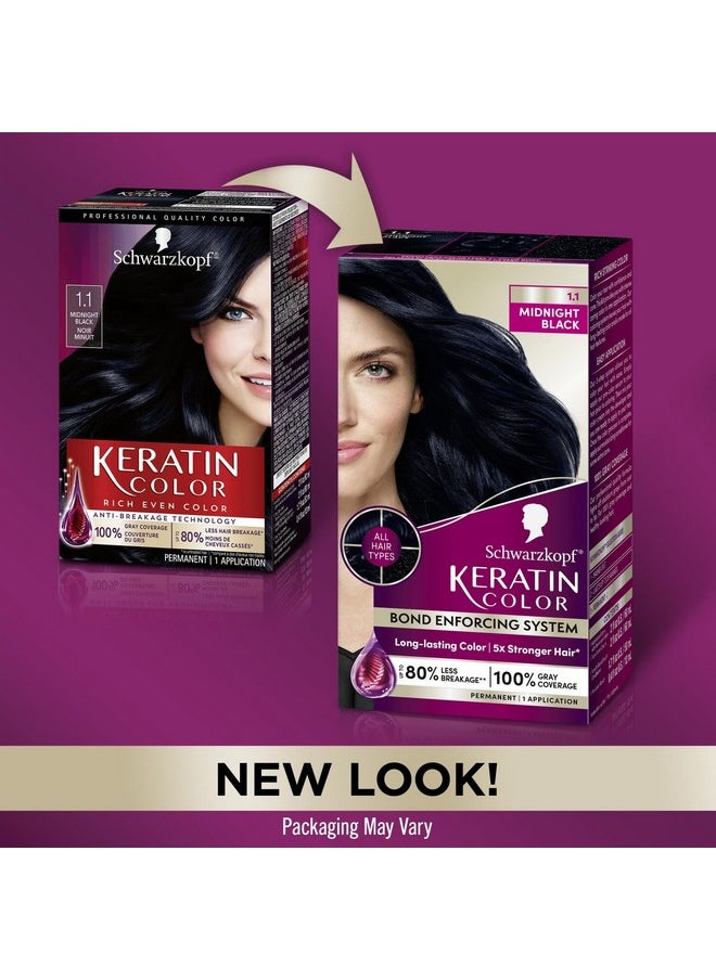 Keratin Color Permanent Hair Color, 1.1 Midnight Black, 1 Application-Professionally Inspired Permanent Hair Dye, For Up To 80% Less Breakage Vs Untreated Hair And Up To 100% Gray Coverage