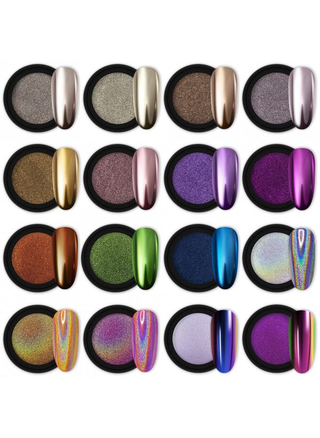 16 Jars Chrome Nail Powder Metallic Mirror Effect Holographic Aurora Chameleon Pigment 1g/Jar for Nail Art Gel Polish Mermaid Unicorn Dipping Powder