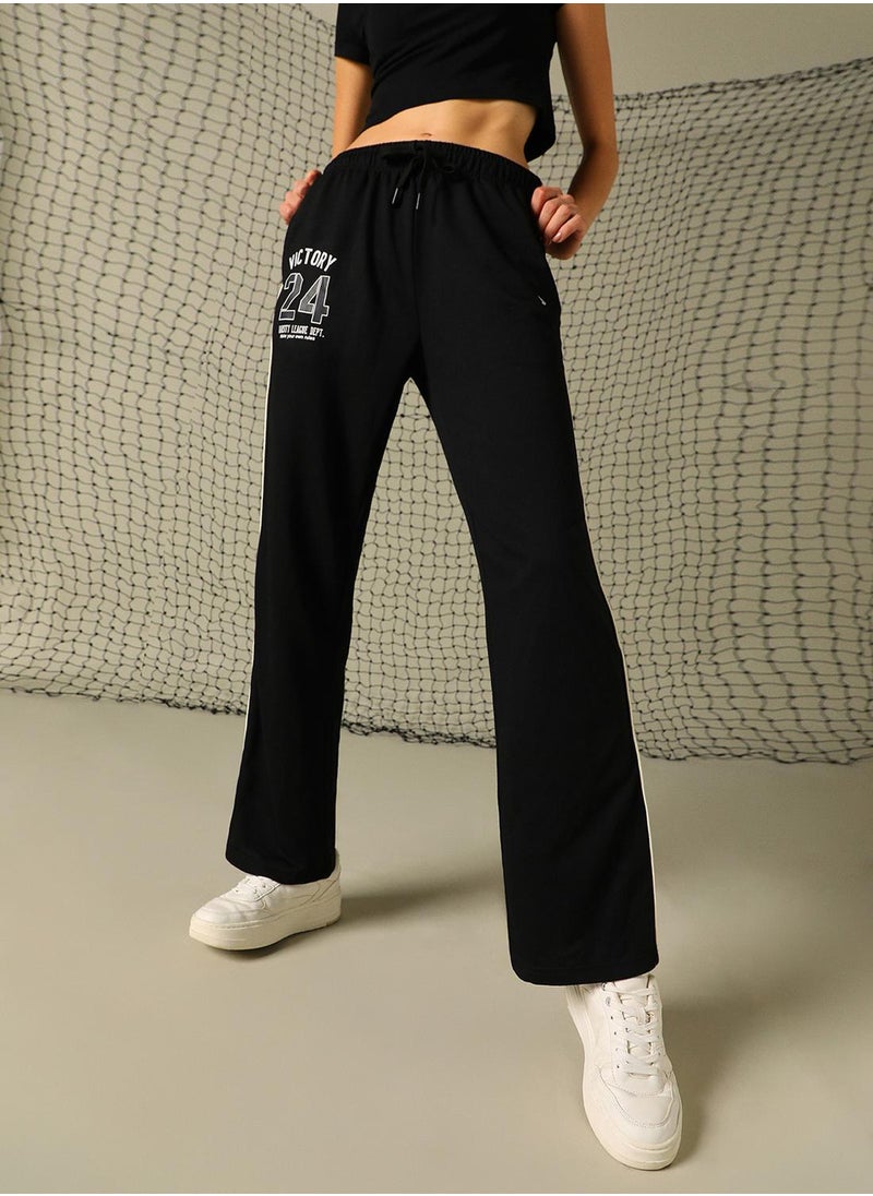 Women's Black 100% Polyester Printed Full Length Casual Regular Fit Trouser