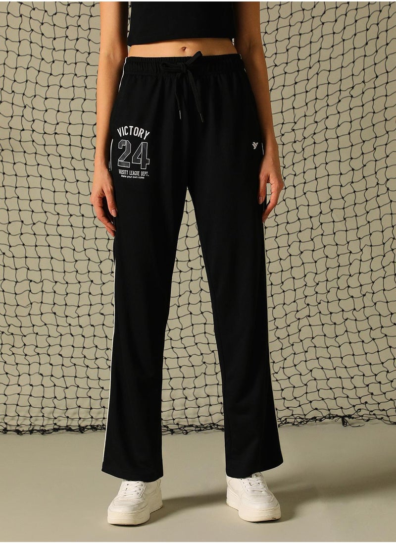 Women's Black 100% Polyester Printed Full Length Casual Regular Fit Trouser