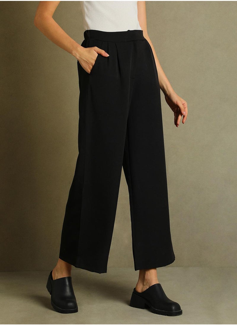 Women's Black 100% Polyester Solid Full Length Pleat Front Relaxed Fit Trouser