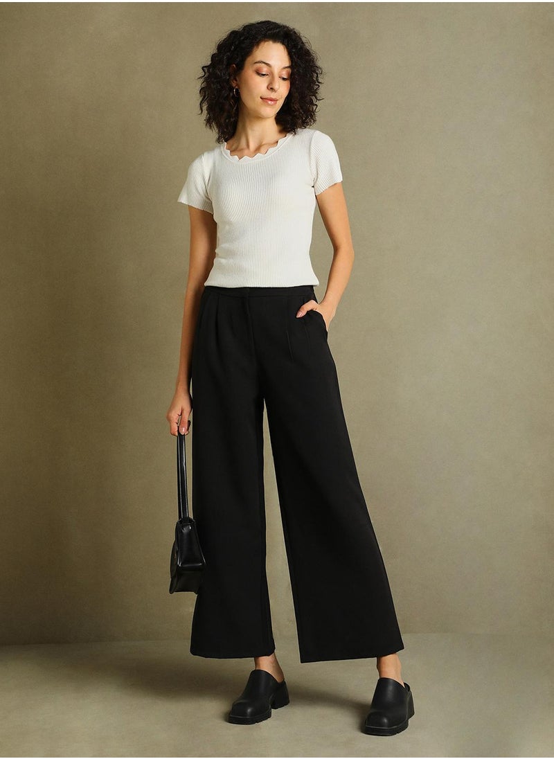 Women's Black 100% Polyester Solid Full Length Pleat Front Relaxed Fit Trouser