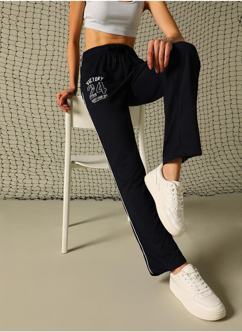 Women's Navy 100% Polyester Printed Full Length Casual Regular Fit Trouser