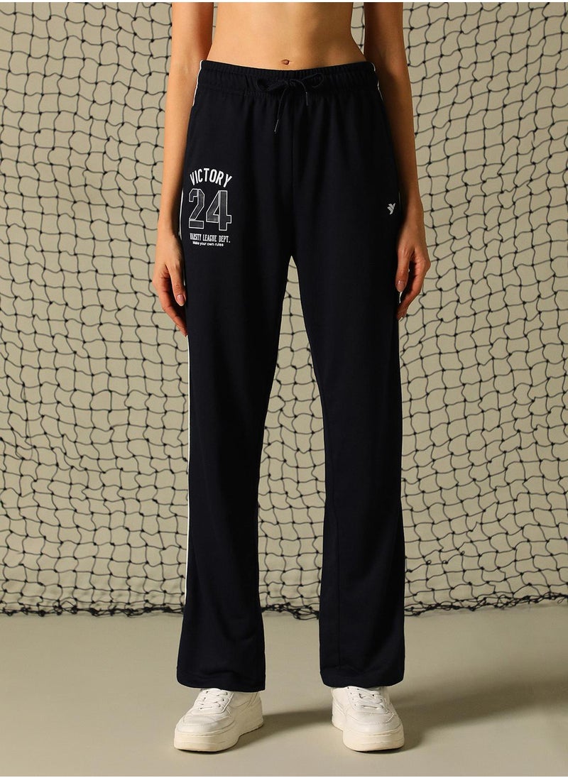 Women's Navy 100% Polyester Printed Full Length Casual Regular Fit Trouser