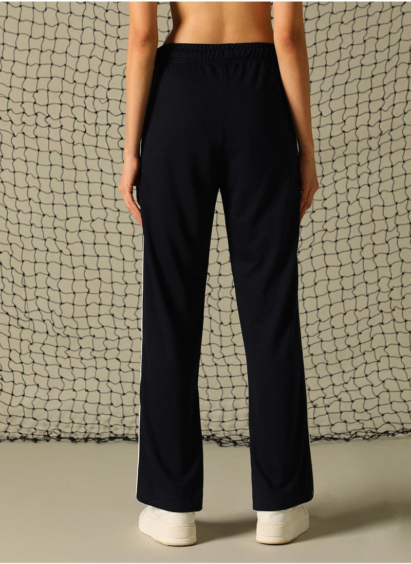 Women's Navy 100% Polyester Printed Full Length Casual Regular Fit Trouser