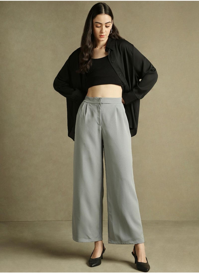 Women's Grey 100% Polyester Solid Full Length Pleat Front Relaxed Fit Trouser