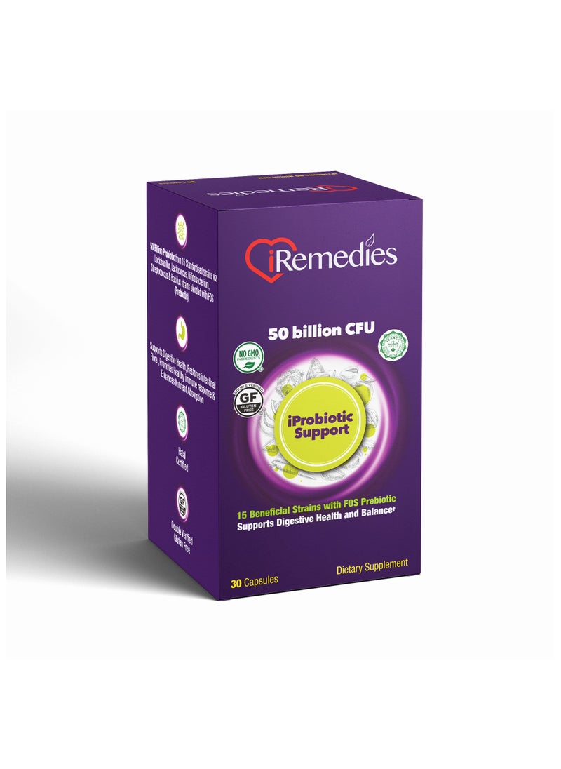 iRemedies iProbiotic Support 50 Billion - High-Potency Probiotic for Gut and Immune Health - 30 Capsules