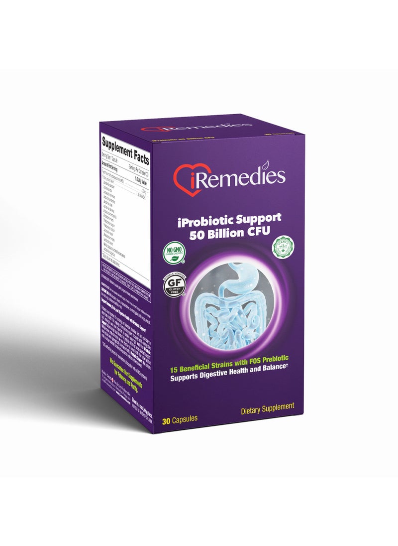 iRemedies iProbiotic Support 50 Billion - High-Potency Probiotic for Gut and Immune Health - 30 Capsules